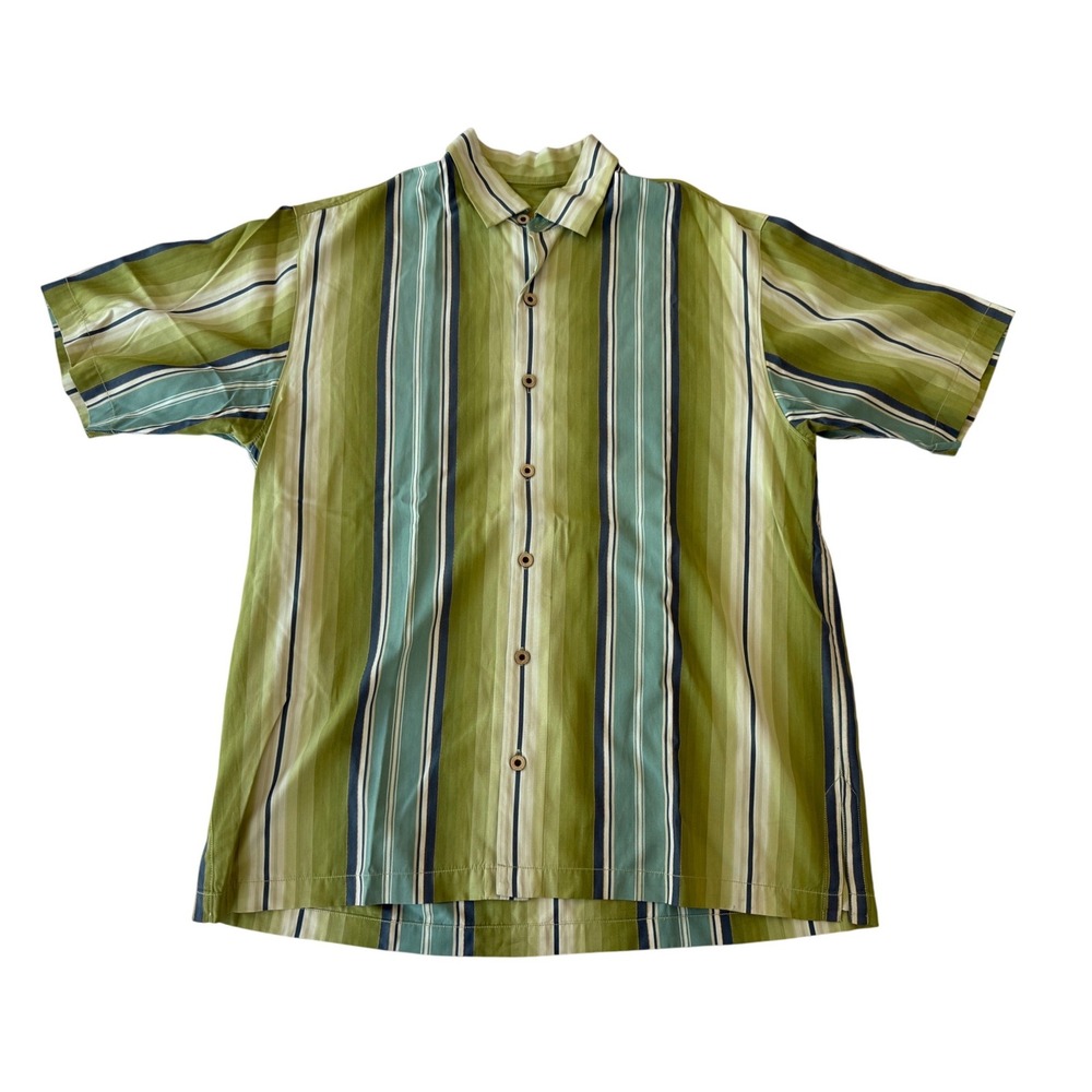 Tommy Bahama Men Silk Camp Shirt Large Green Stripe Vacation Beach Travel Summer